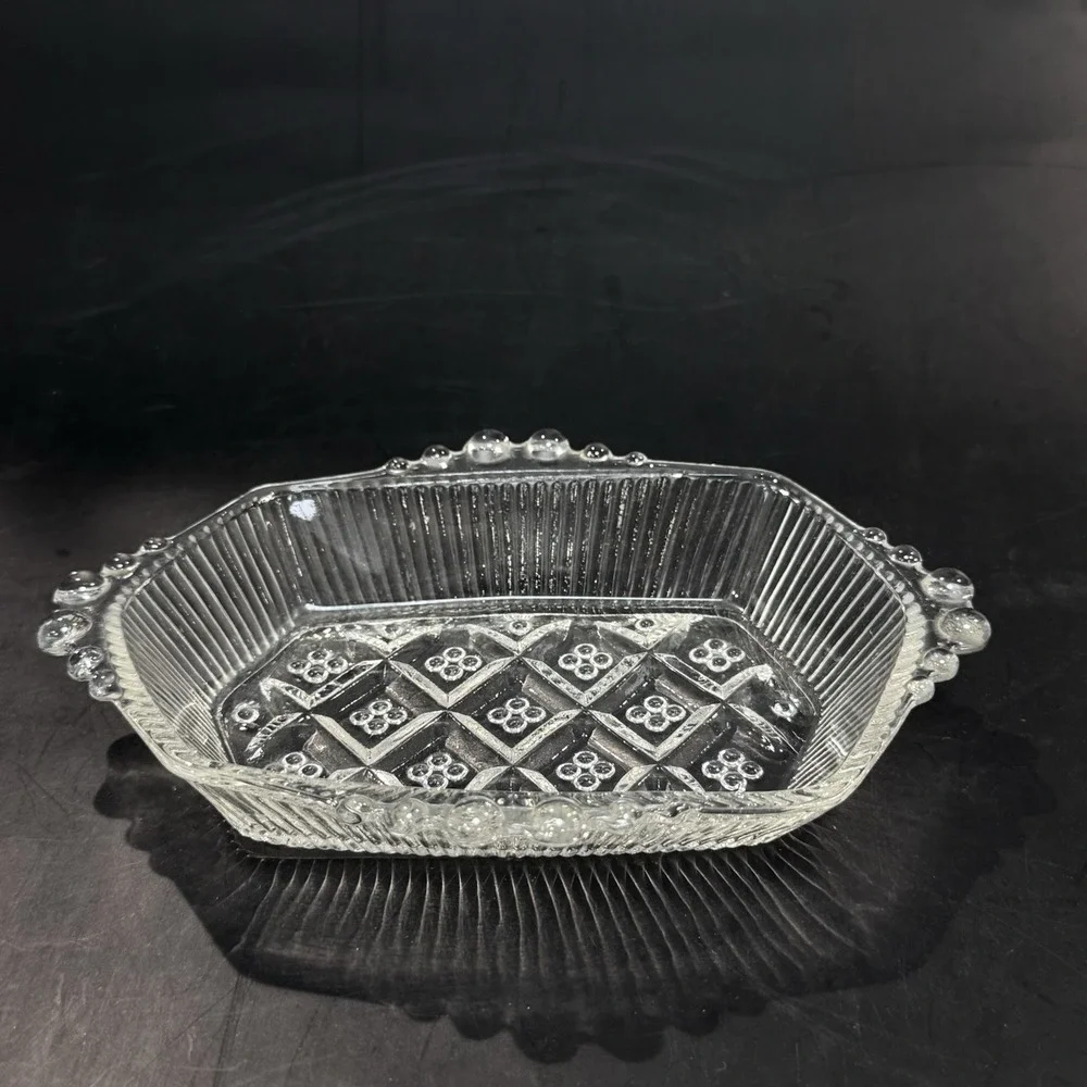 Vintage Anchor Hocking Beaded Block Clear Depression Glass Dish‎ w Handles